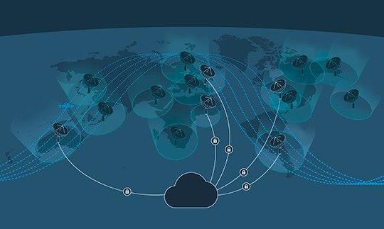 Graphic of the Earth with ground station and lock images placed across the globe to demonstrate Viasat's secure coverage